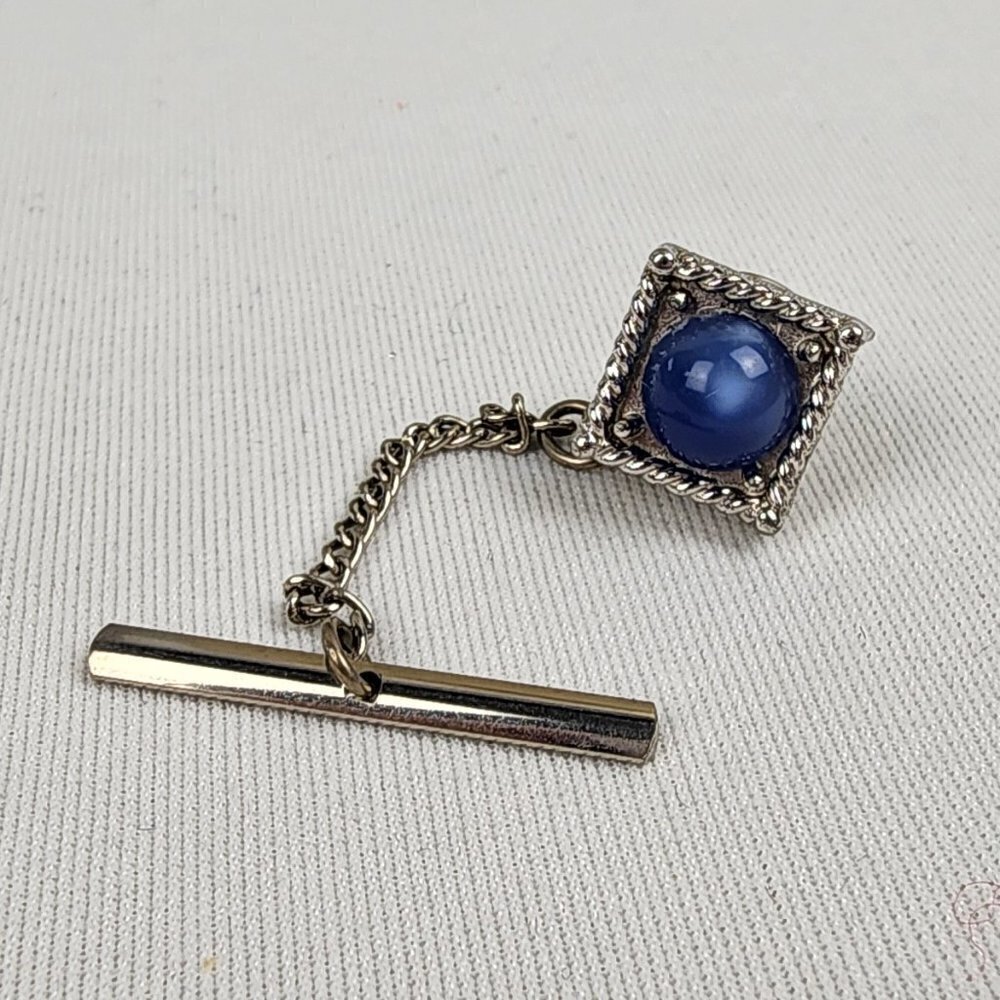 Vintage Silver Tone Blue Stone Tie Tack Pin